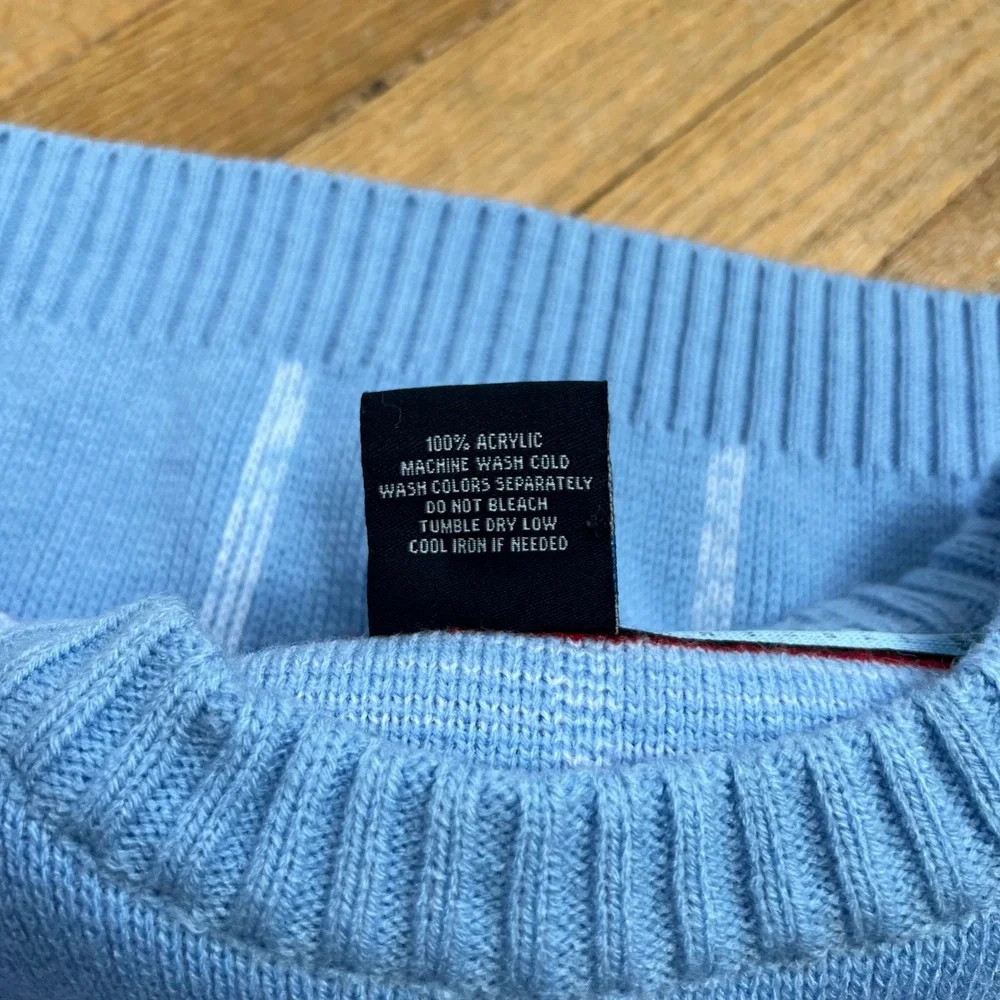 Y2K Vintage SouthPole Sweater Baby Blue Red Stripe Embroidered Men's Size Large